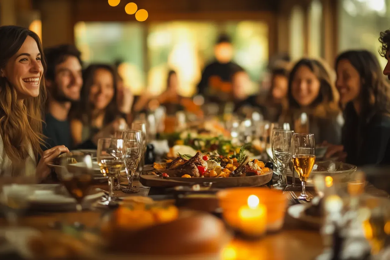 Pessoas sorrindo em frente a uma mesa posta para uma refeição.