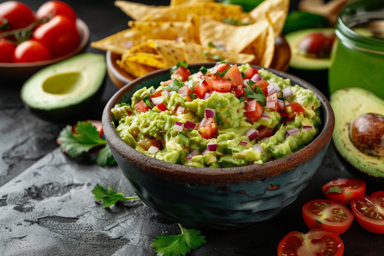 guacamole com tomates com abacates e tortillas