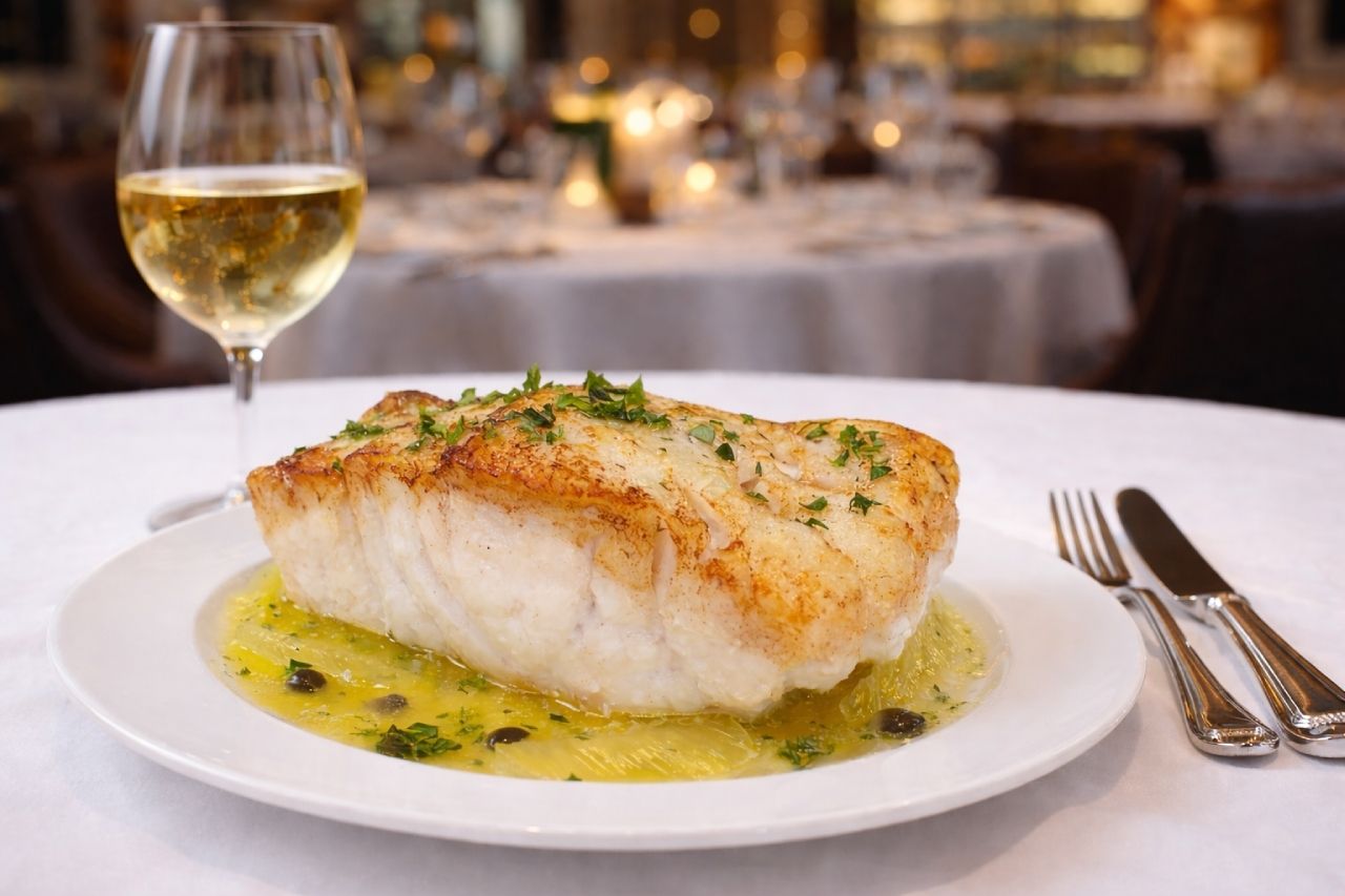 Filé de hadoque grelhado com molho de manteiga e limão, finalizado com ervas frescas, servido em prato branco com taça de vinho branco ao fundo em ambiente de restaurante.