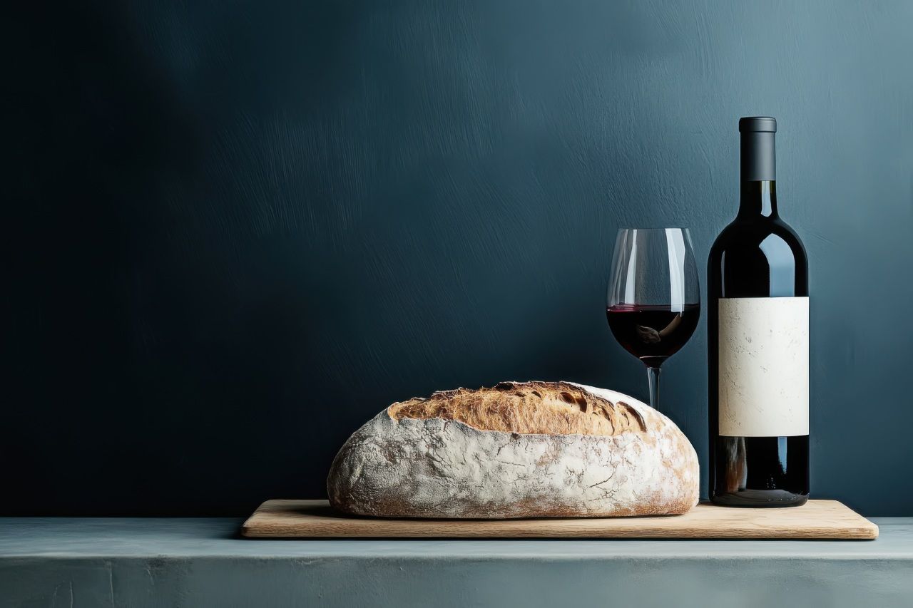 Um pão, uma garrafa de vinho e uma taça de vinho em uma tábua de corte.