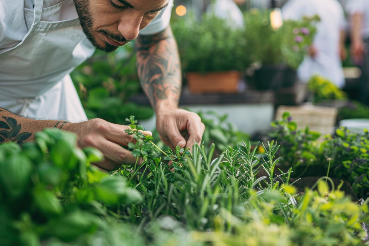 cozinheiro colhendo ervas em uma horta