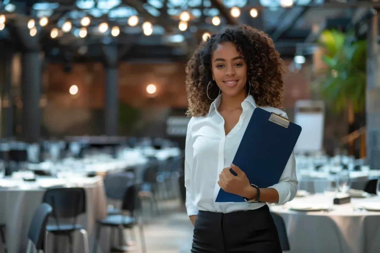 Uma hostess está segurando uma prancheta em um restaurante.