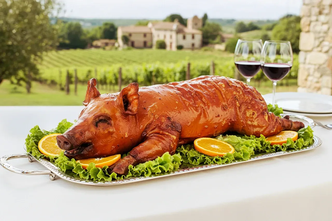 Porco inteiro assado em uma travessa com laranjas e alface, taças de vinho tinto ao fundo, vista para o vinhedo.