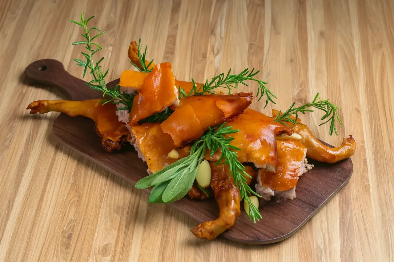 Porco assado em tábua de madeira, decorado com ervas, sobre uma superfície de madeira clara.