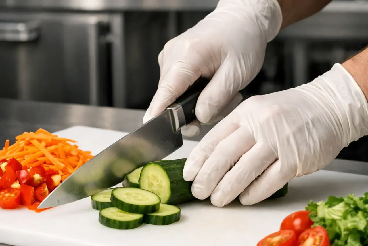 Manipulador de alimentos usando luvas descartáveis ao cortar pepino sobre tábua branca em cozinha 