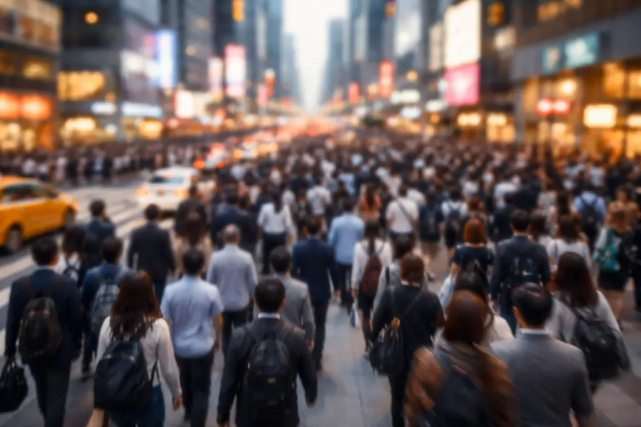 Multidão de pessoas caminhando em horário de pico em avenida movimentada de grande cidade, representando o mercado de trabalho e a dinâmica urbana.