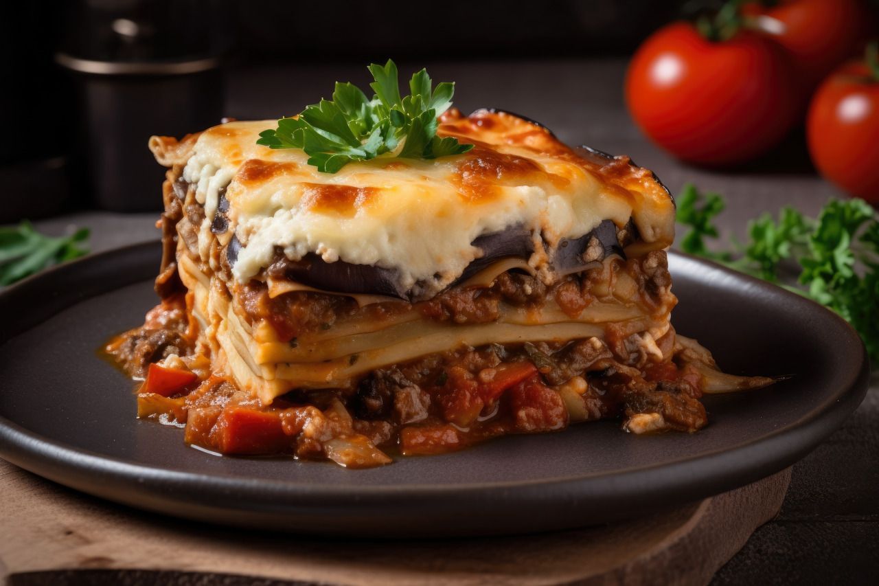pedaço de moussaka em prato de cerâmica