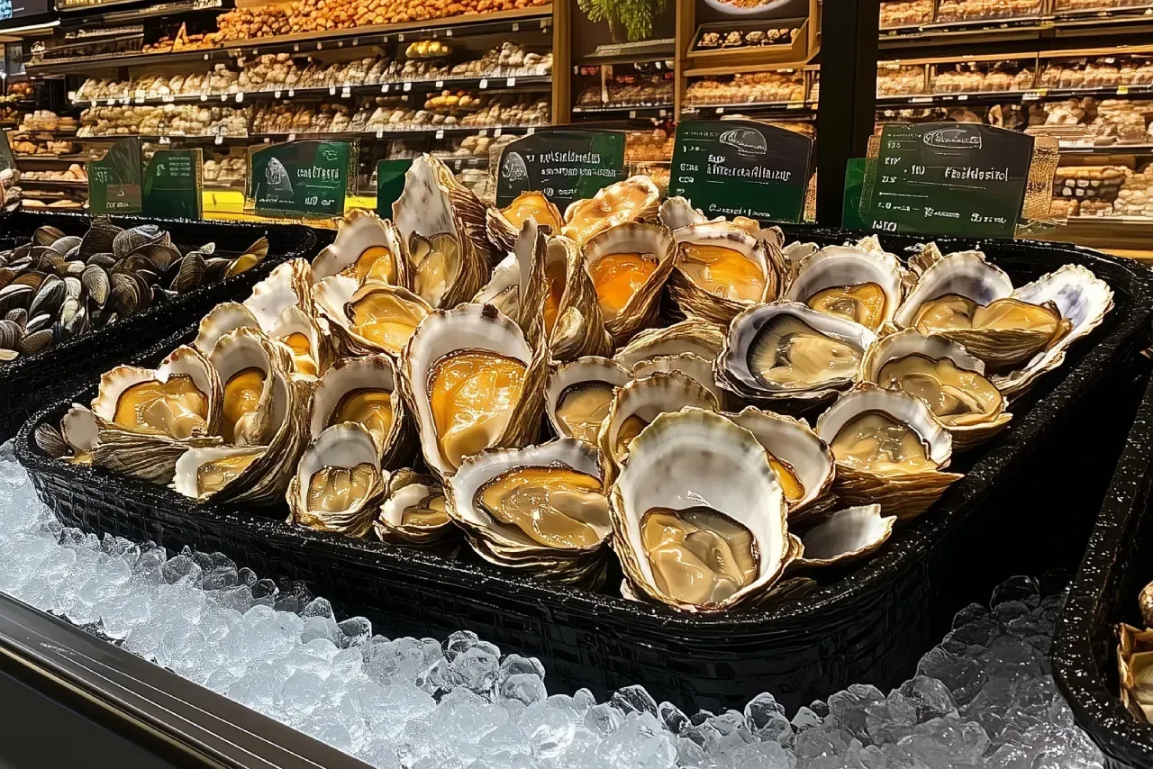 Uma cesta de ostras no gelo em um supermercado.