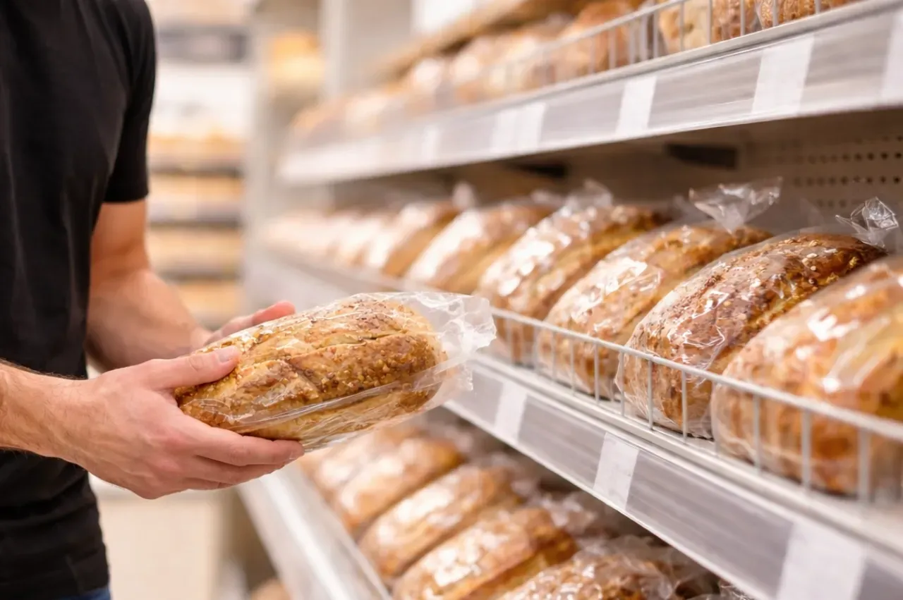 Cliente seleciona pão artesanal embalado em área de padaria autosserviço de supermercado