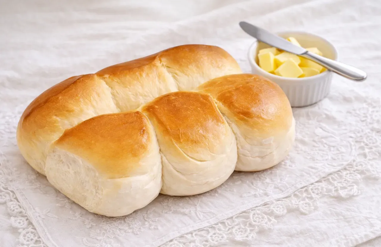 Pão sovado de padaria com miolo macio e casca dourada, servido sobre tecido claro ao lado de manteiga em cubos.