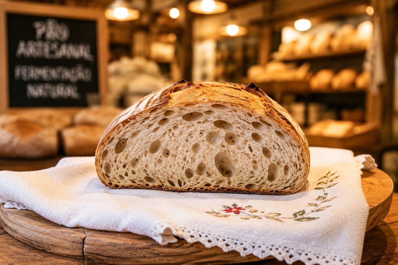 Pão sourdough artesanal de fermentação natural com miolo alveolado e casca crocante em padaria artes