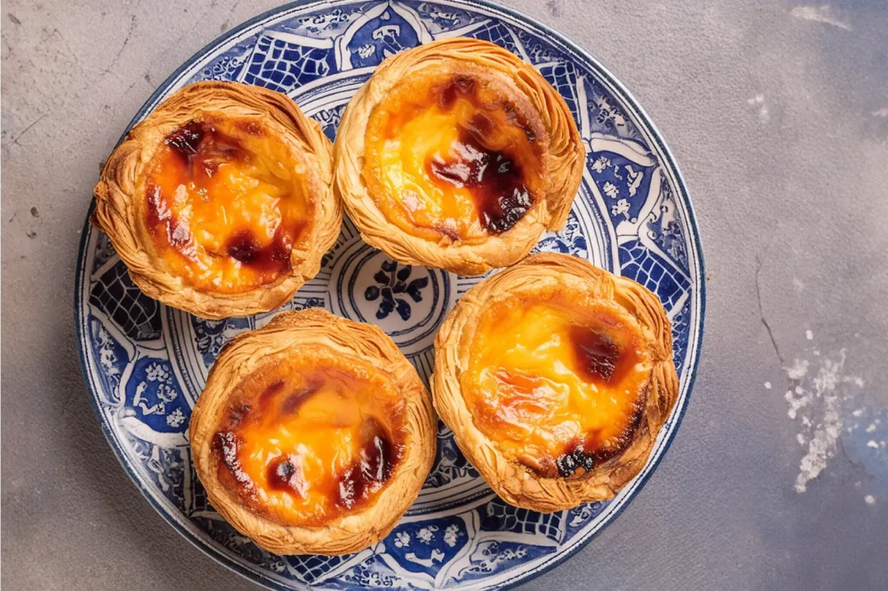 Pastel de Belém, receita que é uma marca registrada em Portugal, sobre prato de cerâmica azul.