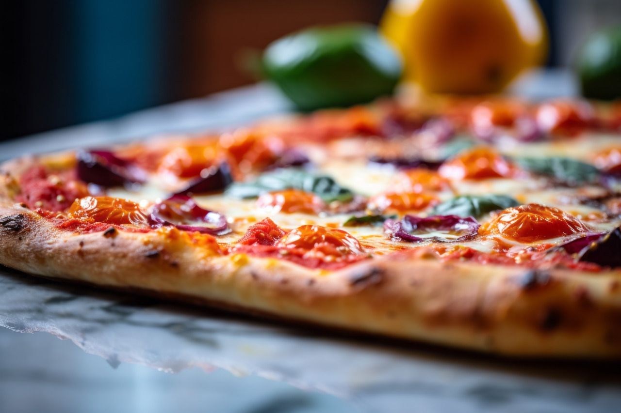 pizza in teglia ou pizza na telha com cobertura de queijo, tomates e manjericão