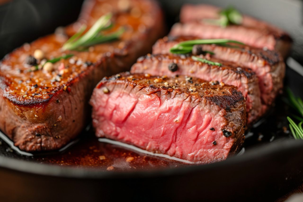 Um close de um bife sendo cozido em uma frigideira.