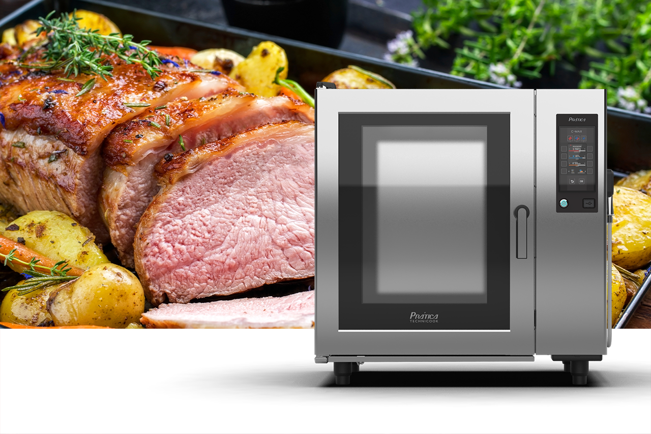 forno combinado Prática C-MAX 10 EVO com fundo com imagem de carne assada com batatas e ervas