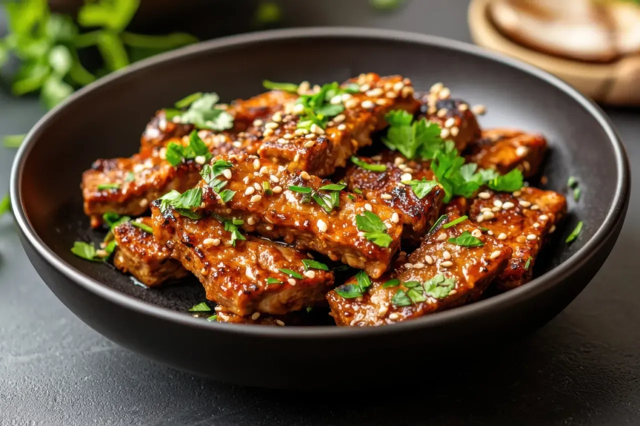 Uma tigela preta cheia de carne e vegetais sobre uma mesa.