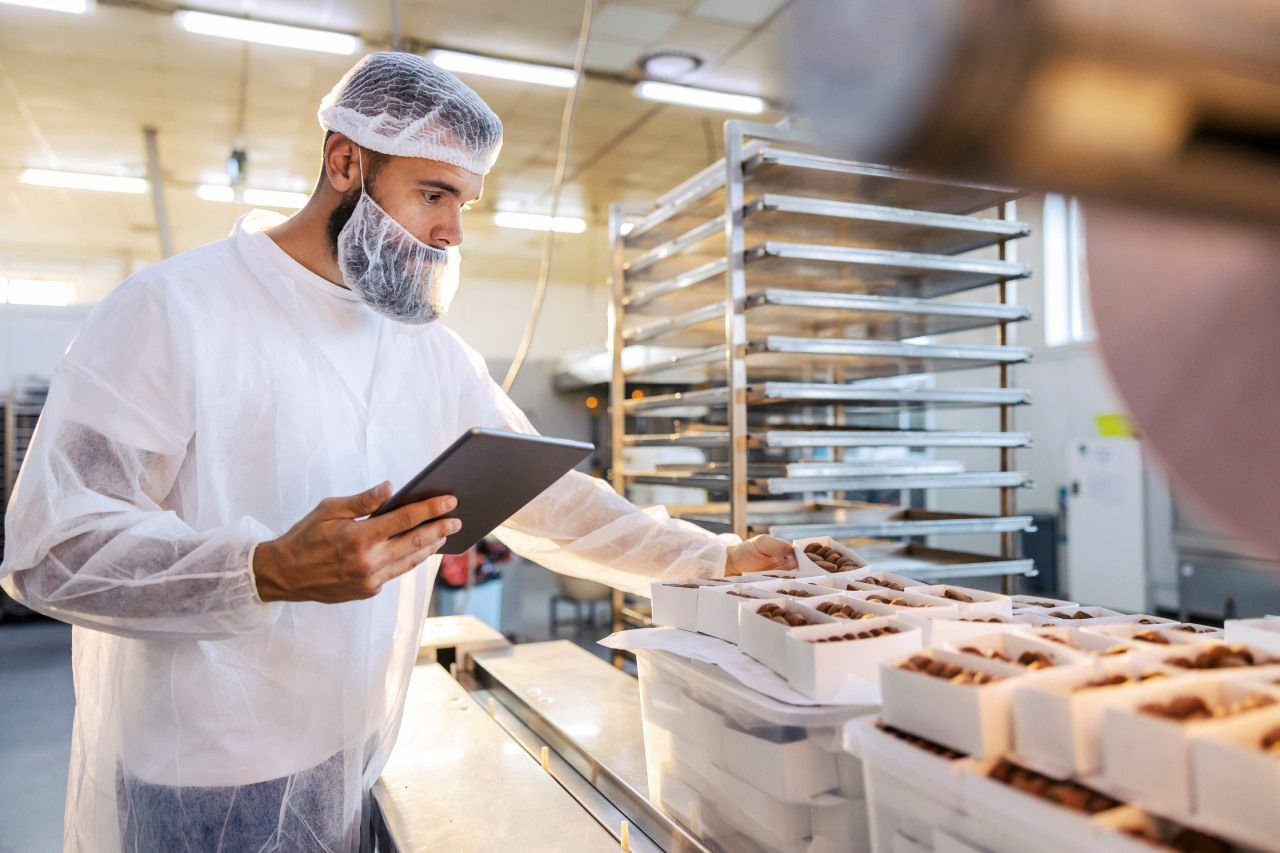 inspetor de qualidade paramentado verificando a qualidade dos alimentos em um estabelecimento