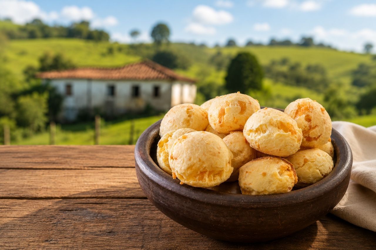 Pão de queijo mineiro tradicional servido em tigela de madeira sobre mesa rústica