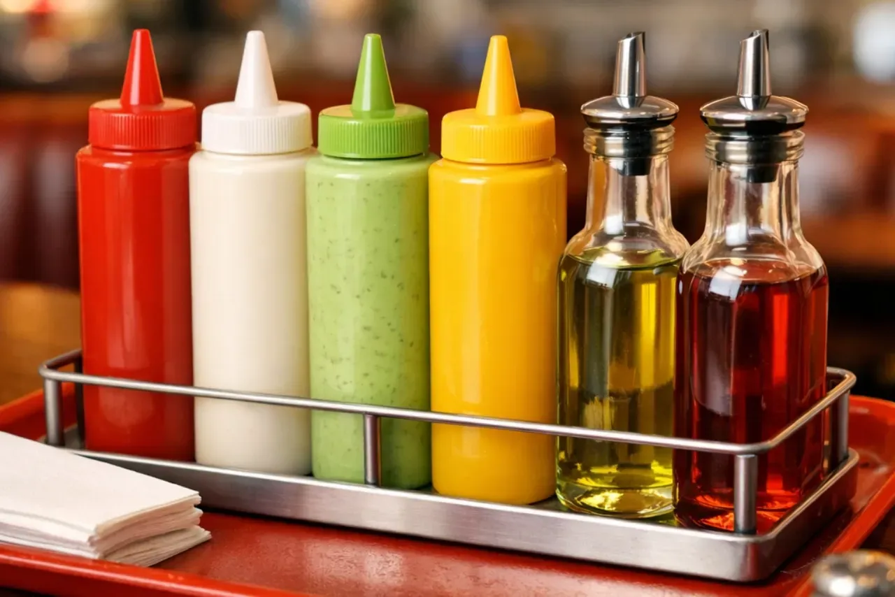 Recipientes reutilizáveis com ketchup, maionese, molhos e azeite organizados em bandeja sobre balcão