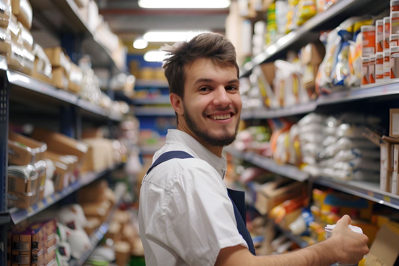 Um homem está em um supermercado olhando para uma prateleira.