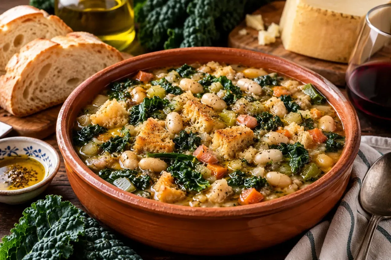 Ribollita tradicional da Toscana servida em tigela de cerâmica, preparada com feijão cannellini