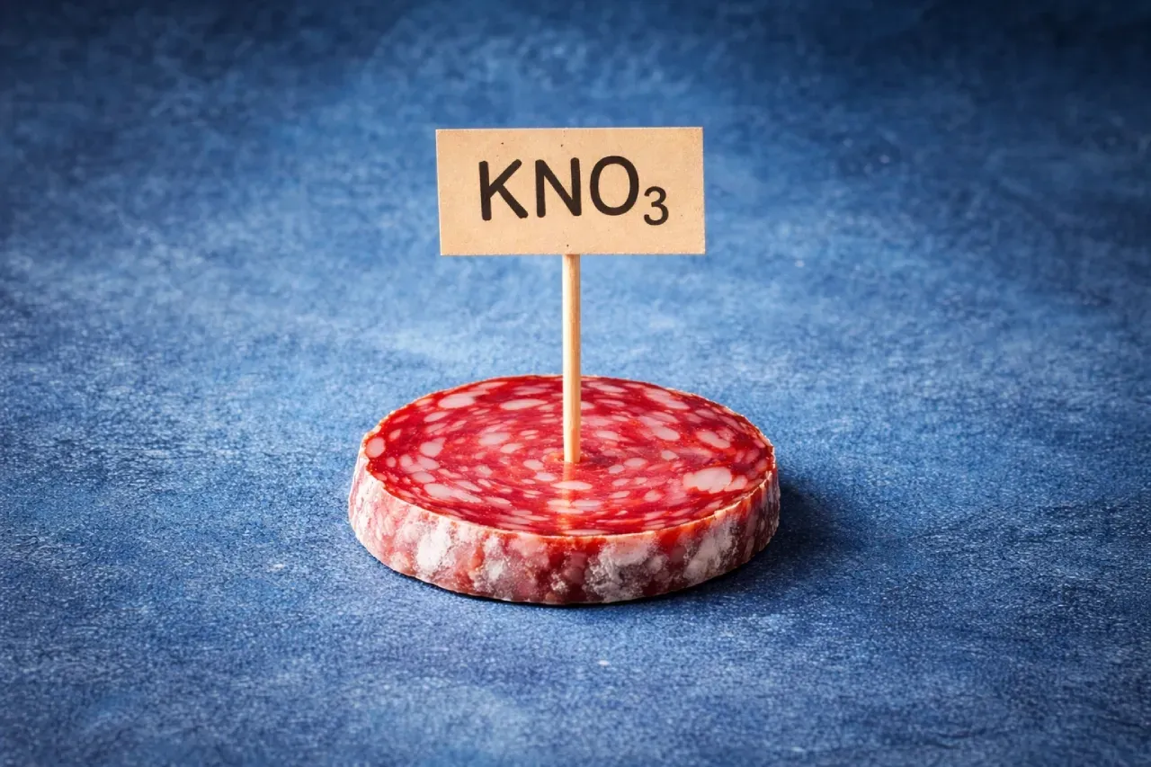 Fatia de salame com placa KNO3 ilustrando salitre na comida