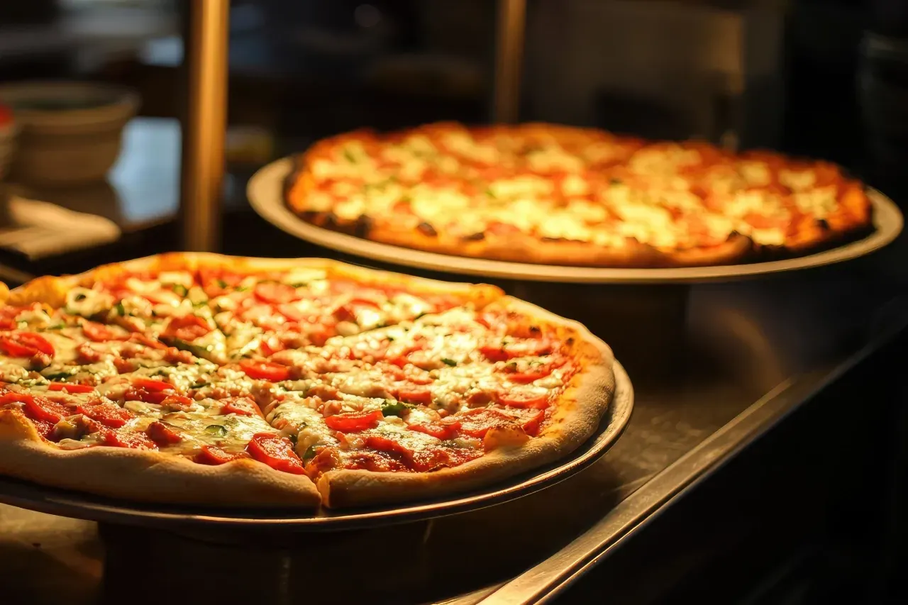 Duas pizzas estão em um balcão de um restaurante.
