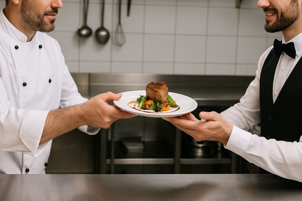 Um chef está dando um prato de comida para um garçom na cozinha.