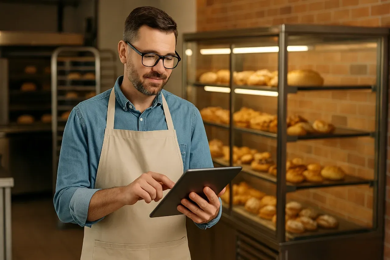 Um homem de avental está usando um tablet em uma padaria.