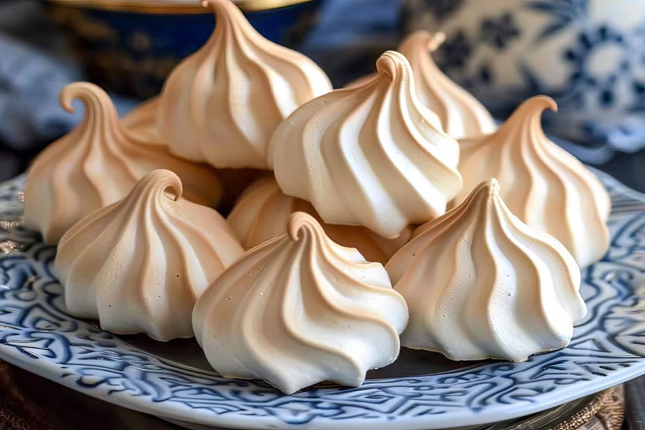 Um close de um prato de biscoitos de merengue sobre uma mesa.