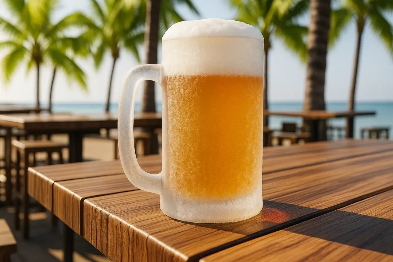 Caneca de chope congelada sobre mesa ao ar livre no verão.