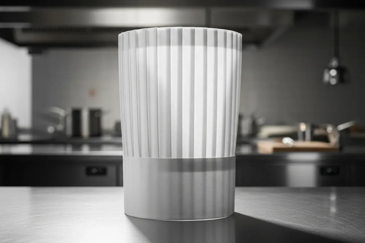 Toque de chef branco sobre mesa de inox com fundo de cozinha profissional desfocado.