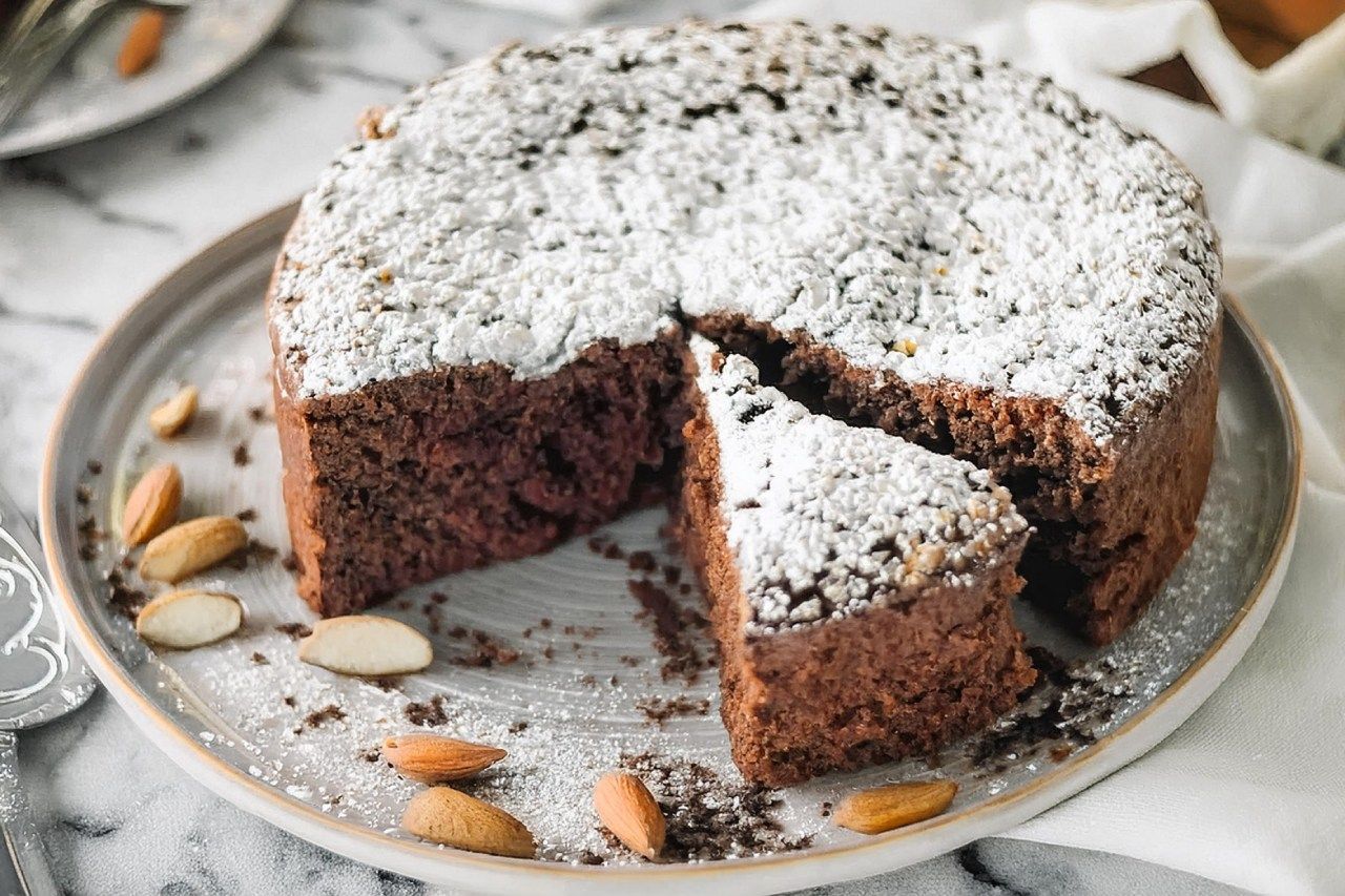 torta caprese com amêndoas em prato sobre mesa com toalha branca