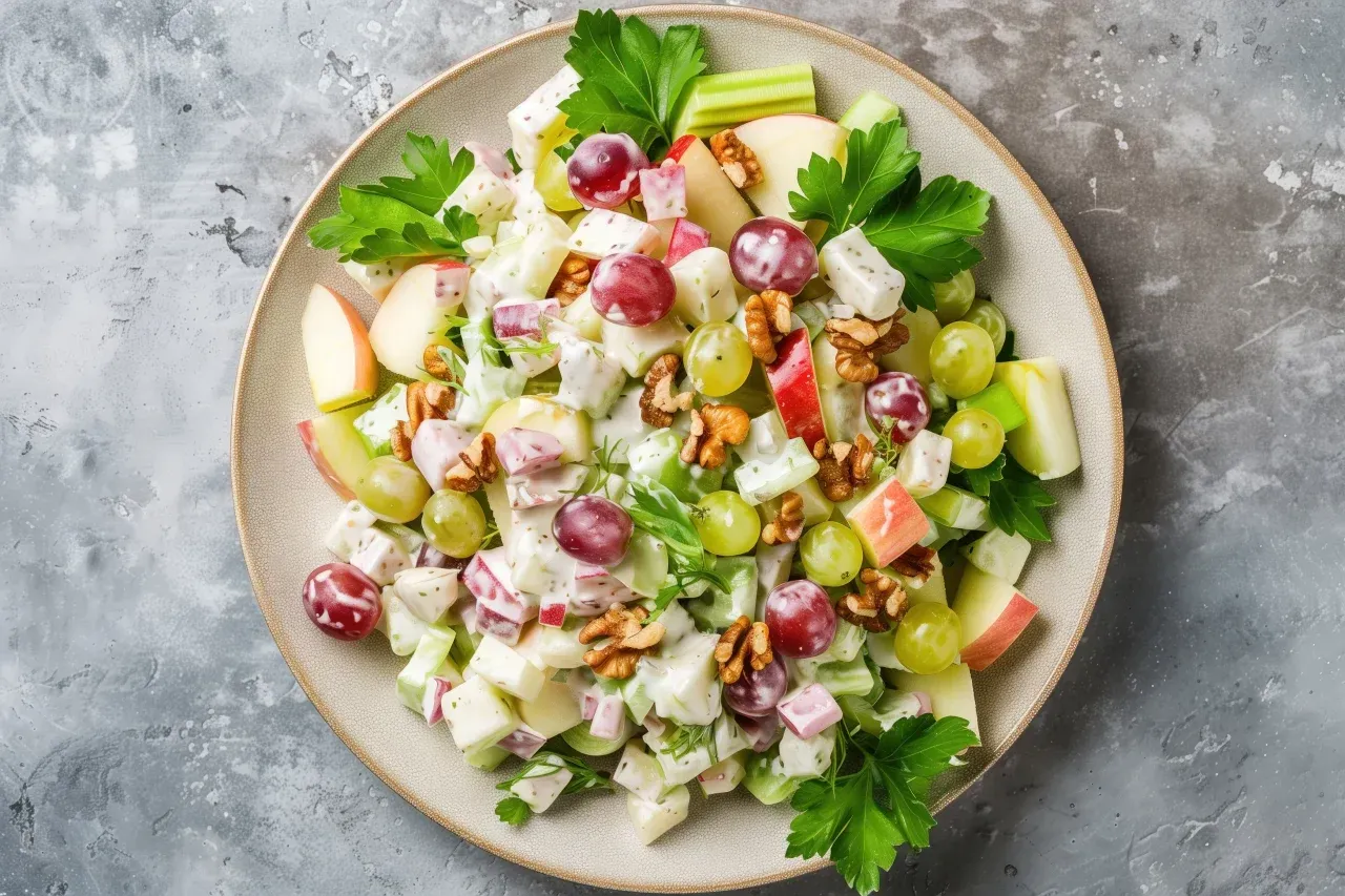 salada waldorf em prato de cerâmica sobre fundo cinza