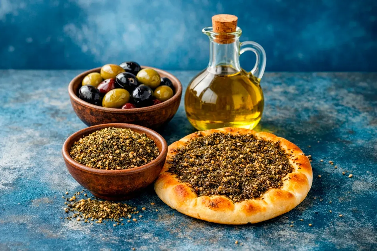 Pão maneesh assado coberto com za’atar, acompanhado de azeite de oliva, azeitonas e tigela com mistura de especiarias sobre fundo azul.