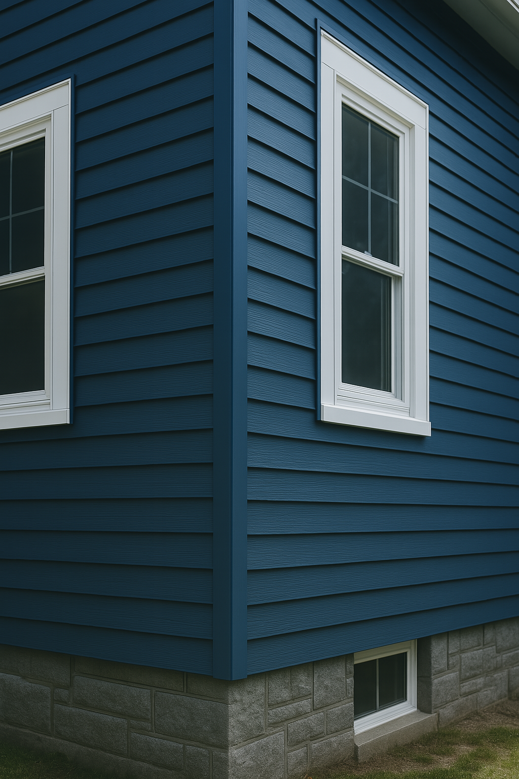 brand new navy blue vinyl siding with white trim for windows