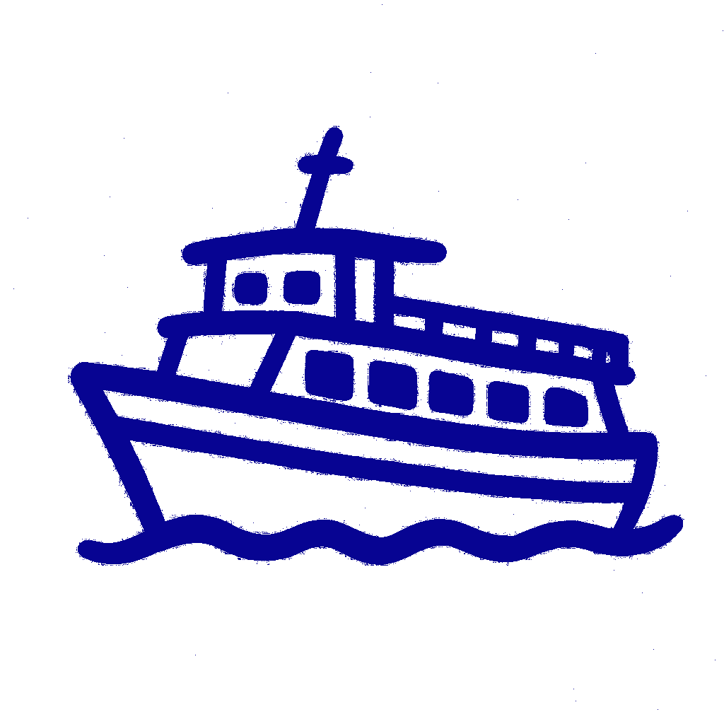 A blue and white drawing of a boat in the water.