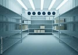 an empty refrigerator with shelves and boxes on them. Industrial Cold Storage