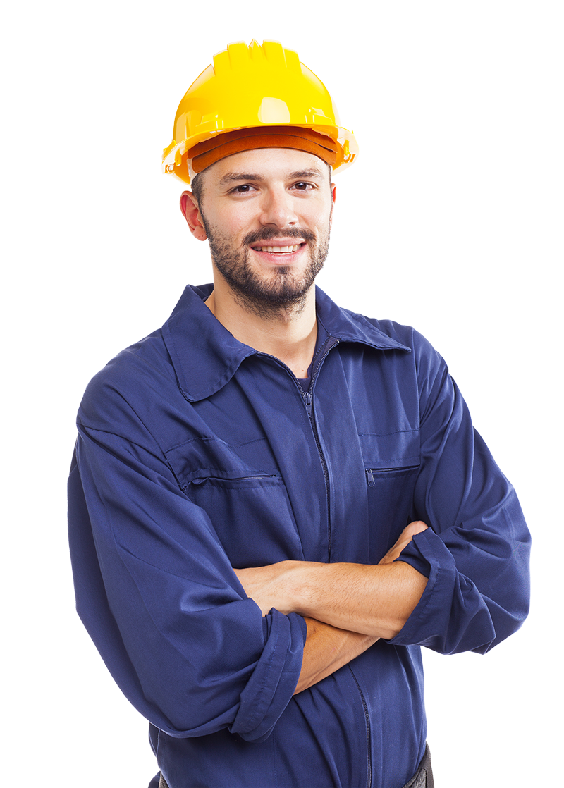 a man wearing a hard hat and overalls is standing with his arms crossed.  Commercial Refrigerator Repairman