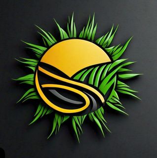 A yellow sun with green leaves on a black background