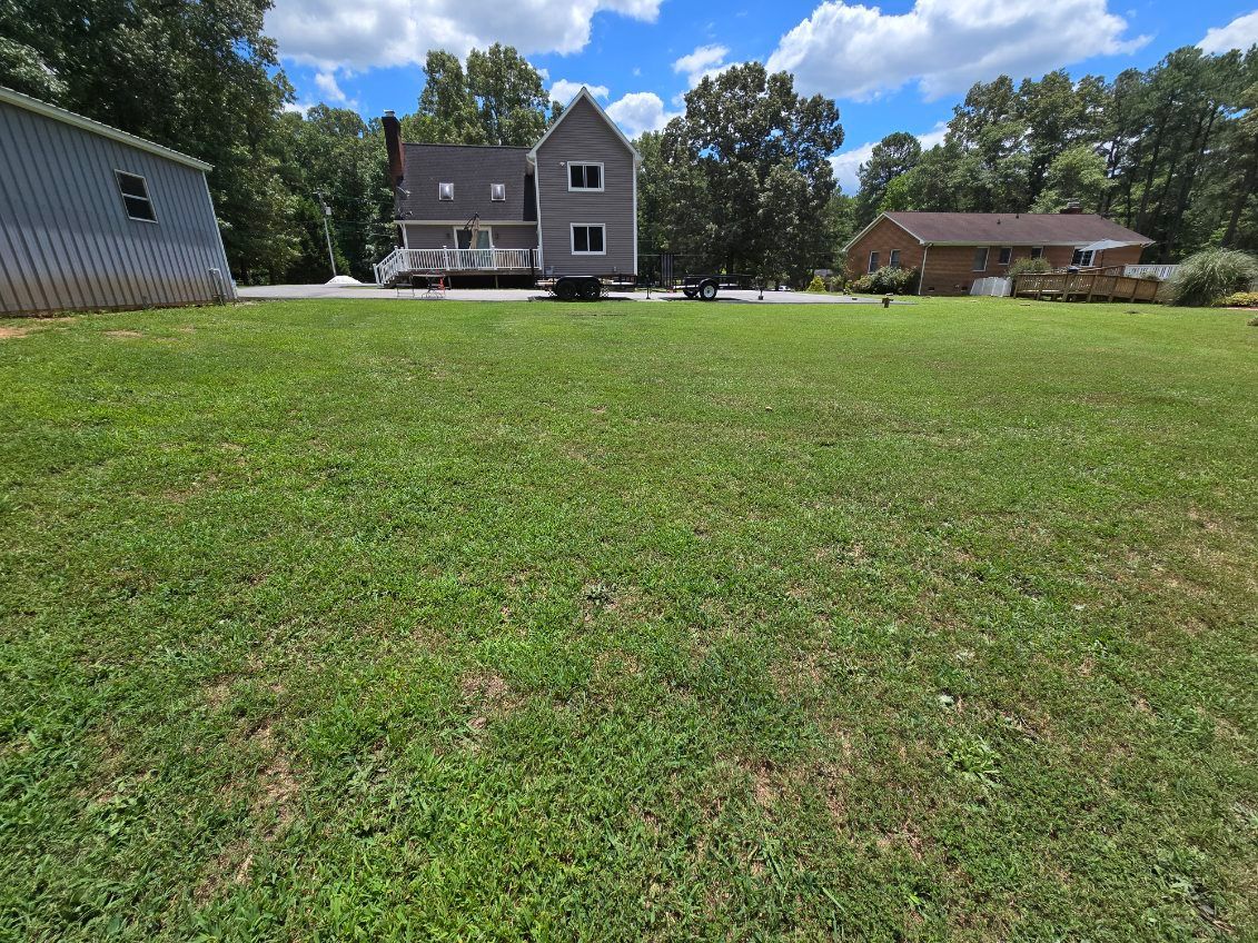 A large lush green field with a house in the background.