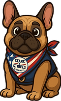 A cartoon illustration of a french bulldog wearing a stars and stripes bandana.