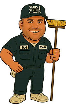 A cartoon of a man holding a broom and smiling.