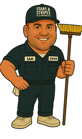 A cartoon of a man holding a broom and smiling.