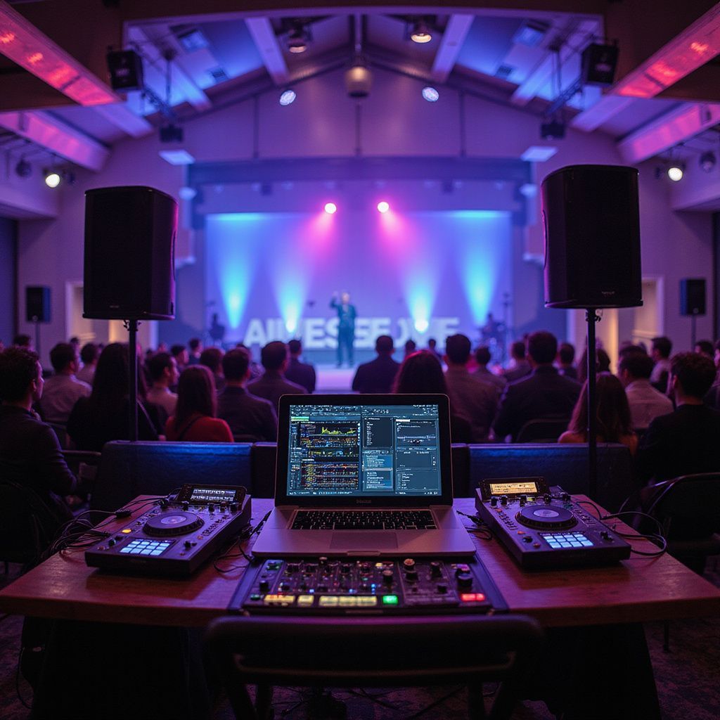 AV Setup for Stage Presentation with Speaker and Audience Seating for Events Under 200 People