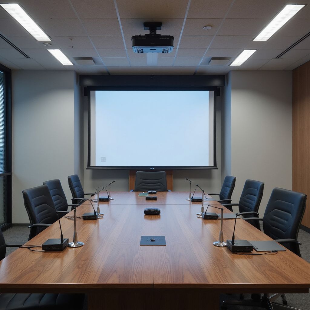 Boardroom AV Setup with Microphones, Projection Screen, and Long Wooden Table for Meetings Under 200 People