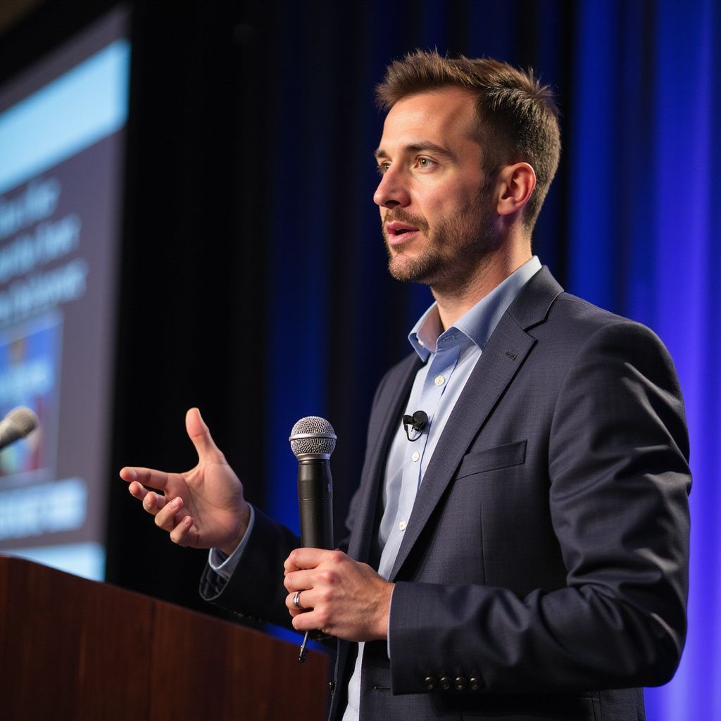 Professional Speaker at Podium with Microphone Setup for a Corporate Meeting Under 200 Attendees