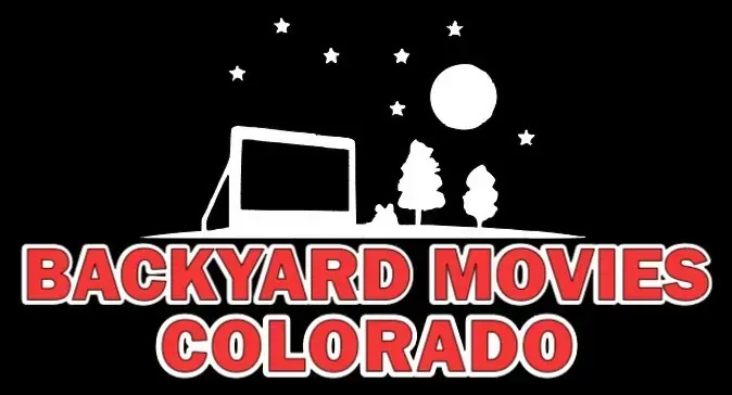 Backyard Movies Colorado Logo: Inflatable movie screen, trees, stars, moon, and red text, representing outdoor movie rentals in Colorado.