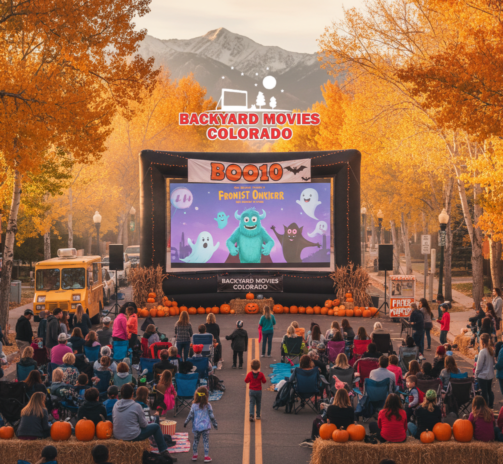 Outdoor Movie Night in Colorado with Large Projector Screen Showing Film, Surrounded by Fall Foliage and Pumpkins, Available for Rental in Colorado Springs, Denver, and Pueblo.