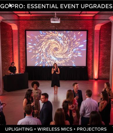 Complete AV Event Package in Colorado Srpings with Presenter, Projection Screen, Red Uplighting, and Networking, for Meetings Under 200 People.